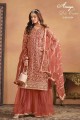 Embroidered Net Palazzo Suit in Orange with Dupatta