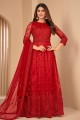 Embroidered Net Anarkali Suit in Red