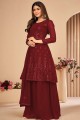 Eid Sharara Suit in Embroidered Maroon Faux georgette