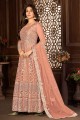 Net Peach Anarkali Suit in Embroidered