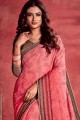 Saree in Pink Tussar silk with Thread,embroidered,digital print