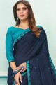 Thread,embroidered Saree in Navy blue Tussar silk