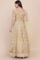 Embroidered Net Eid Anarkali Suit in Cream with Dupatta