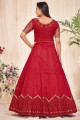 Embroidered Net Eid Anarkali Suit in Red with Dupatta