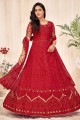 Embroidered Net Eid Anarkali Suit in Red with Dupatta