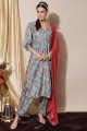 Turquoise Digital print Palazzo Suit in Muslin