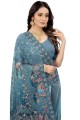 Embroidered Saree in Blue Net