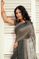 Grey Tussar silk Saree with Thread,digital print