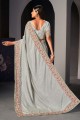 Embroidered Satin Grey Saree with Blouse