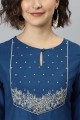 Embroidered Silk Straight Kurti in Blue