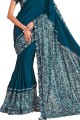 Embroidered,digital print Saree in Teal  Silk
