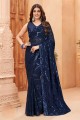 Sequins Party Wear Saree in Navy blue Georgette