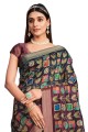 Saree in Black,maroon Tussar silk with Embroidered,printed