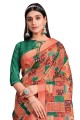 Saree in Orange Tussar silk with Embroidered,printed