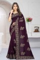 Silk Saree in Wine with Embroidered