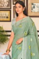 Embroidered Linen Green Saree with Blouse
