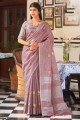 Embroidered Saree in Mauve  Linen