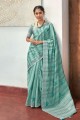 Turquoise green Embroidered Linen Saree