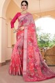 Pink Saree with Zari,printed,lace border Linen