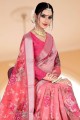 Pink Saree with Zari,printed,lace border Linen