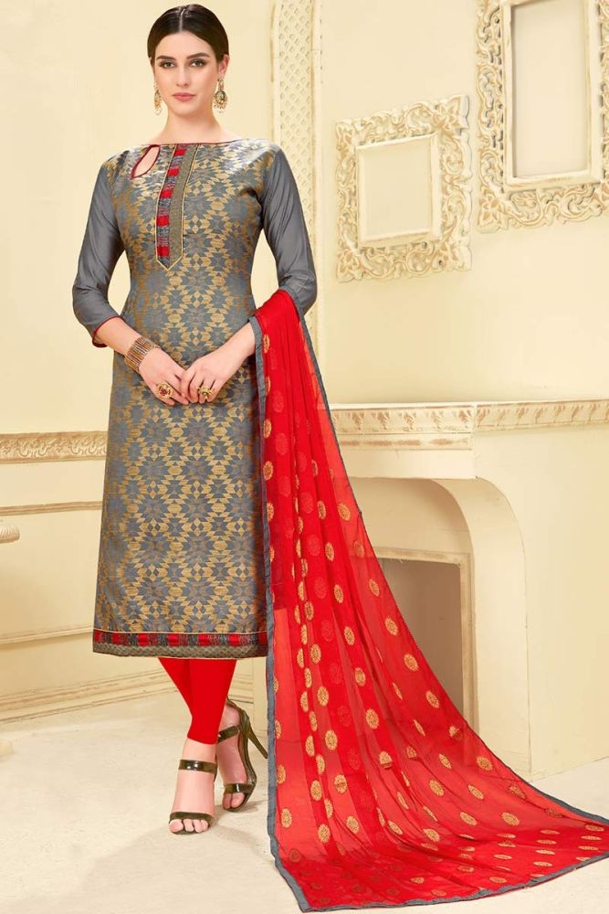 GREY color BANARASI SILK Churidar Suit Online Designer Churidar Suit with RED Dupatta in India