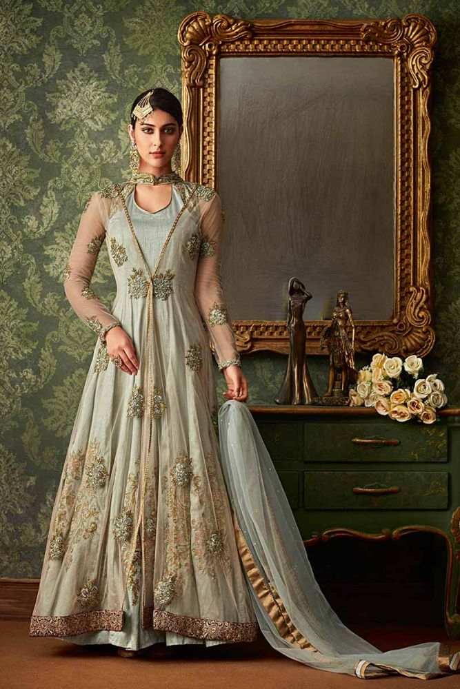 Steel Blue color Art Silk, Jacket: Net Anarkali Suit Online