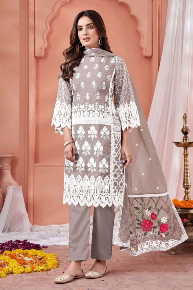 Grey Pakistani Suit in Embroidered Organza