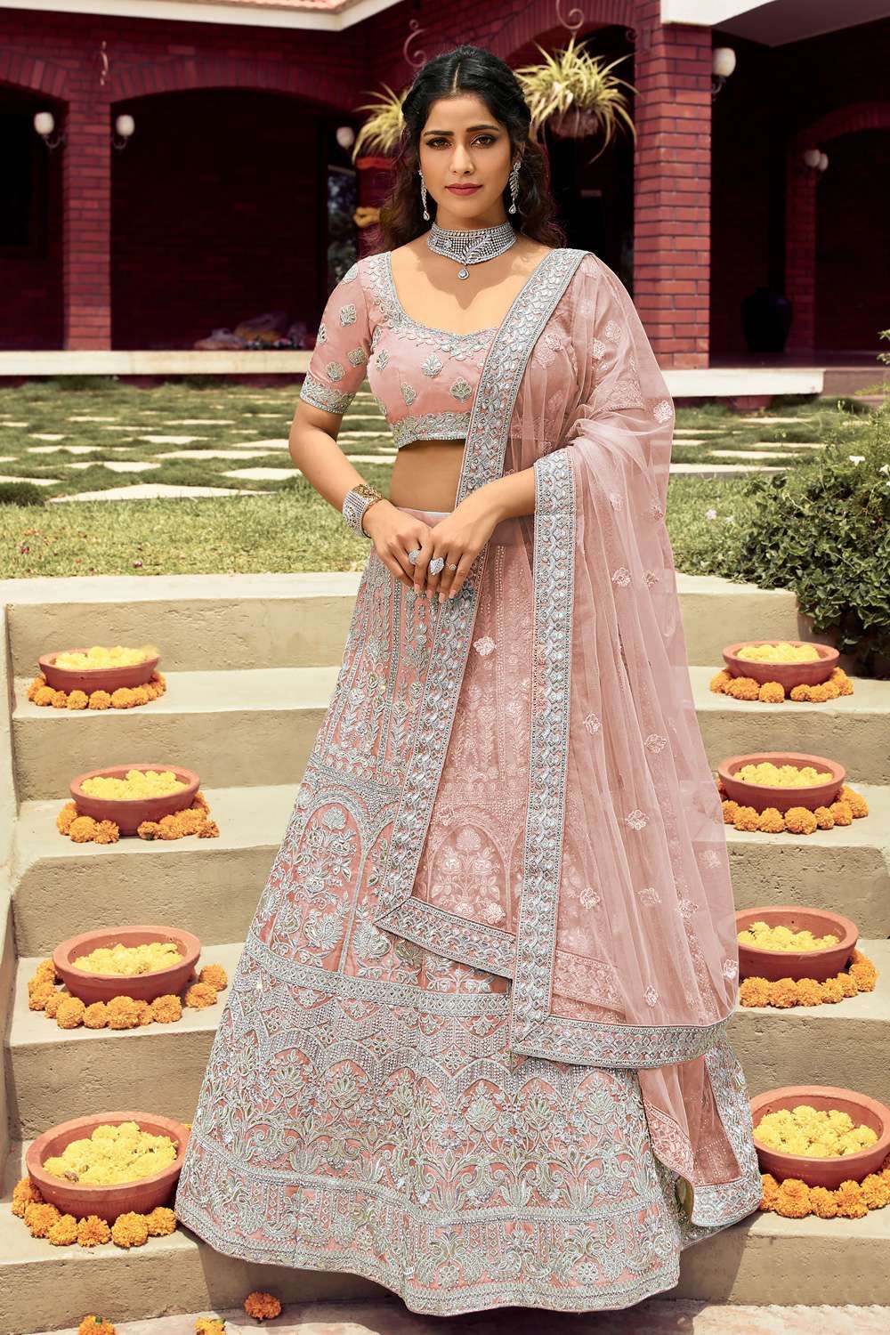 Peach Latest Trending Bridal Lehenga Organza Embroidered Peach