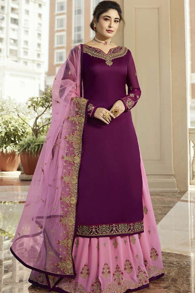 Violet color Satin Georgette Churidar lehenga Suit combo Online Designer Churidar lehenga Suit combo with Pink dupatta in USA