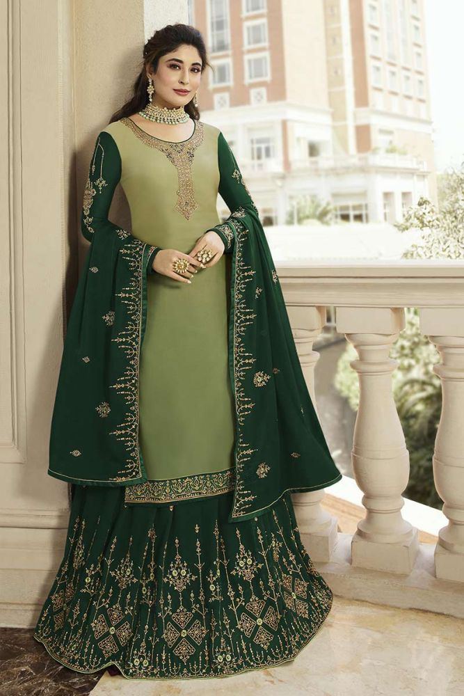 Light Green color Satin Georgette Churidar lehenga Suit combo Online Designer Churidar lehenga Suit combo with Forest Green dupatta in USA