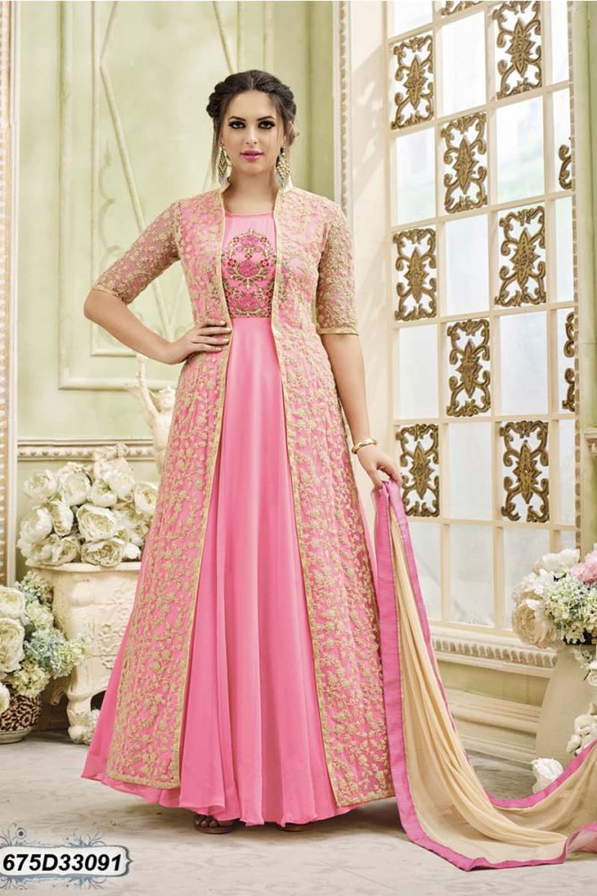 Inner Pink Jacket Golden designer Inner Georgette Jacket Net Anarkali Suit online with Pink Santoon salwar Beige Nazneen dupatta at Shopkund