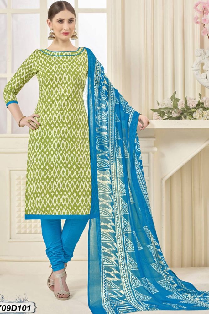 Green Off White color Poly Cotton Churidar Suit