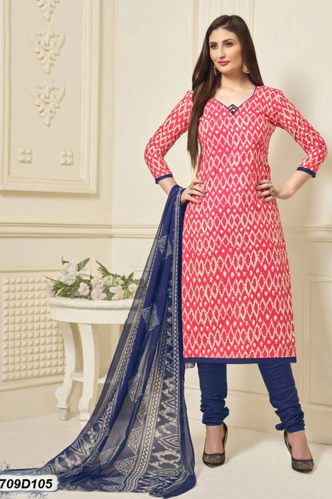 Pink Off White color Poly Cotton Churidar Suit
