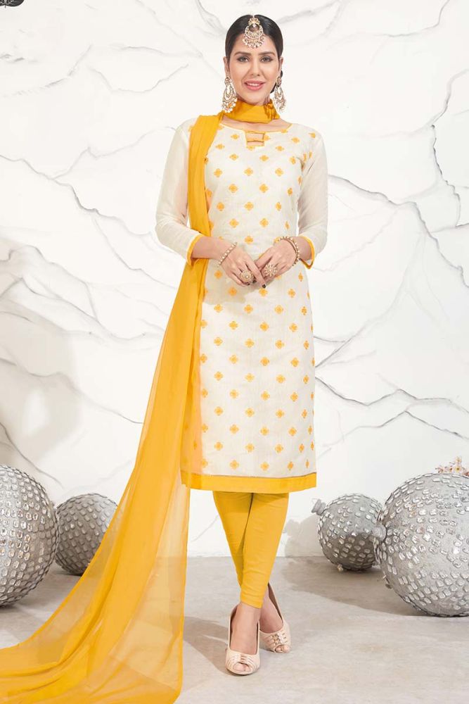 Attractive White color Chanderi Cotton Churidar Suit