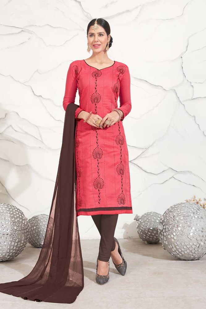 Old Rose Pink designer Chanderi Cotton Churidar Suit online with Brown Cotton salwar Brown Chiffon dupatta at Shopkund
