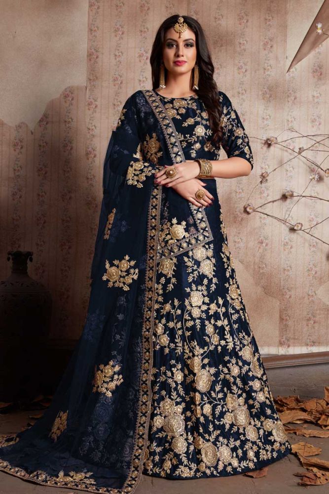 Navy blue velvet bridal lehenga on sale