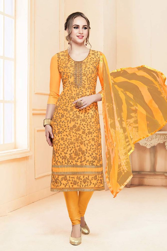 Yellow color Cotton Churidar Suit Online Designer Churidar Suit with Yellow Dupatta in India
