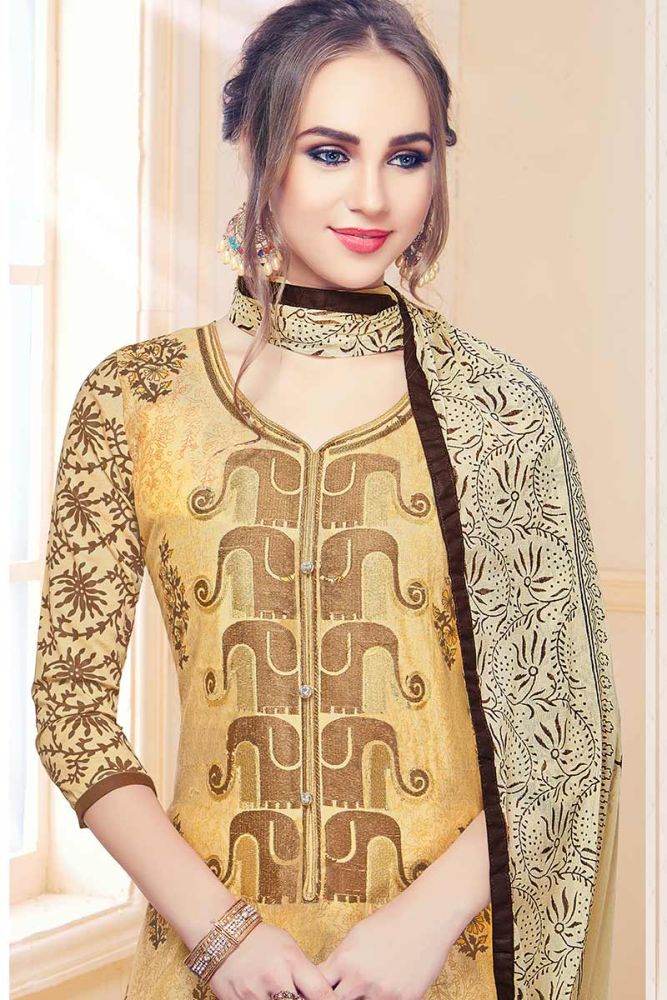 Beige color Cotton Churidar Suit Online Designer Churidar Suit with Beige Dupatta in India