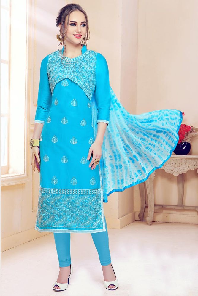 Exquisite Sky Blue Cotton Churidar Suit