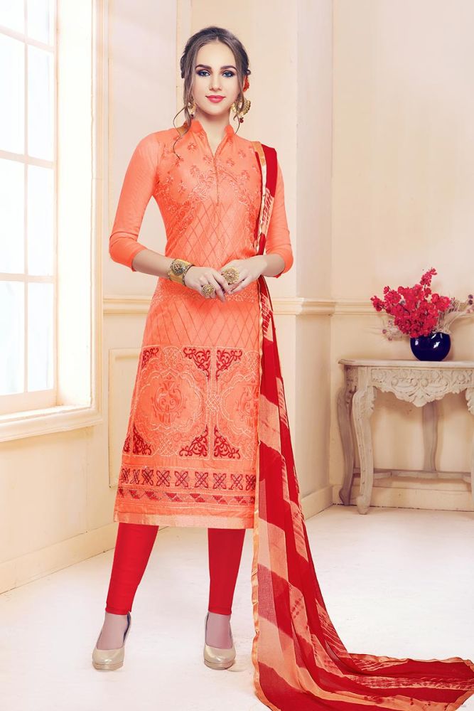 Orange color Cotton Churidar Suit Online Designer Churidar Suit with Red Dupatta in India