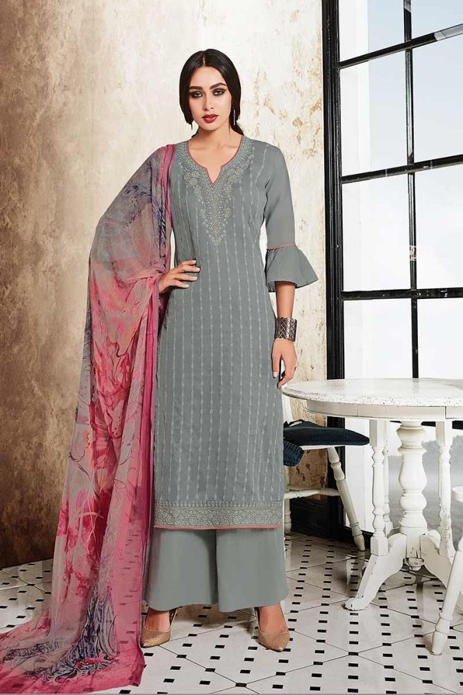 Grey color Satin Palazzo Suit Online Designer Palazzo Suit with Pink Dupatta. in India
