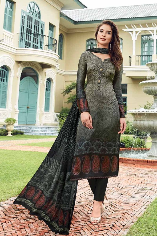 Grey color Satin Salwar Kameez Online Designer Salwar Kameez with Dark Grey Dupatta. in India