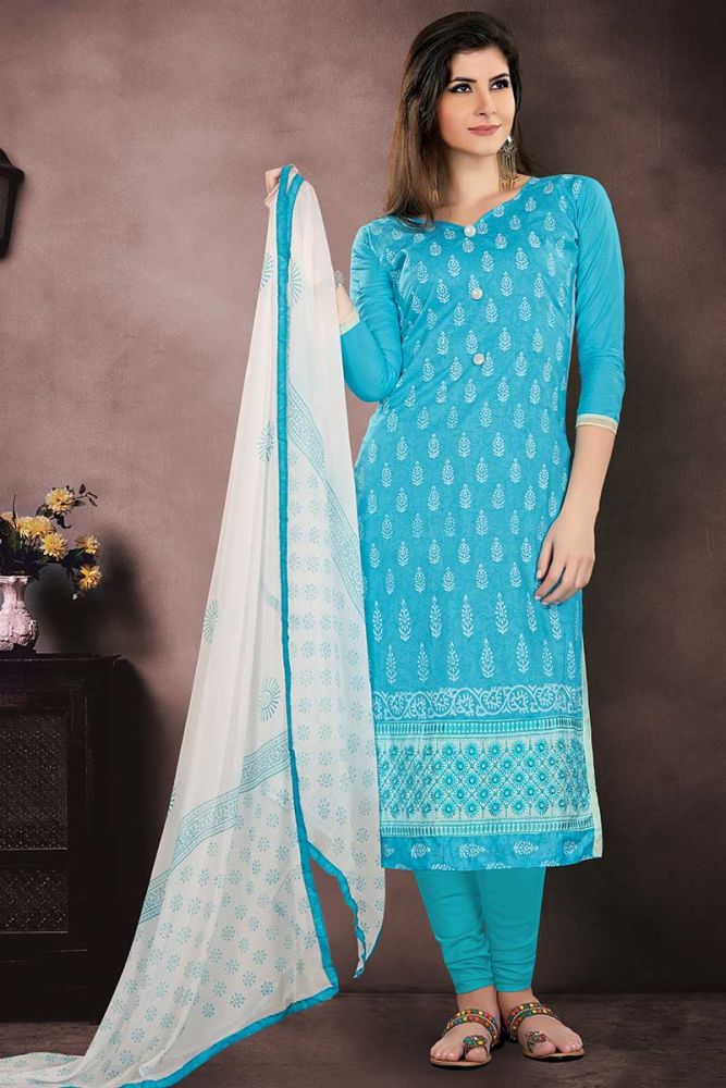 Fascinating Sky Blue Cotton Churidar Suit