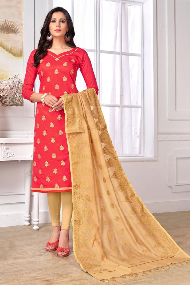 Crimson Red color Cotton Churidar Suit Online Designer Churidar Suit with Beige Dupatta in India