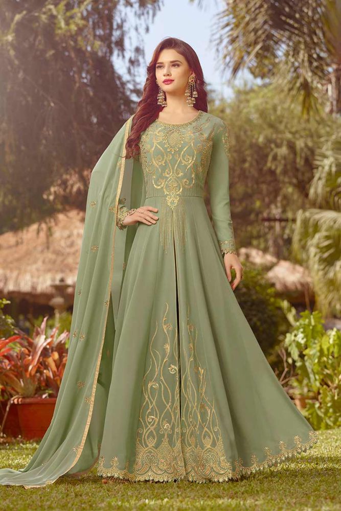 Pastel Green color Georgette Anarkali Suit Online Designer Anarkali Suit with Pastel Green Dupatta in India