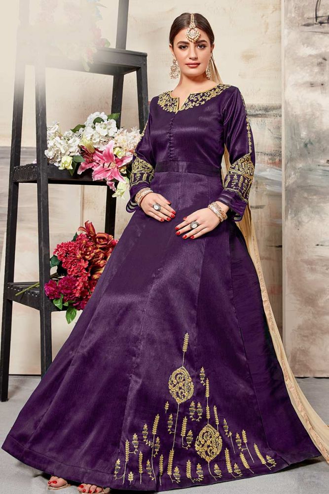 Purple color Art Silk Anarkali Suit Online Designer Anarkali Suit with Beige Dupatta in India