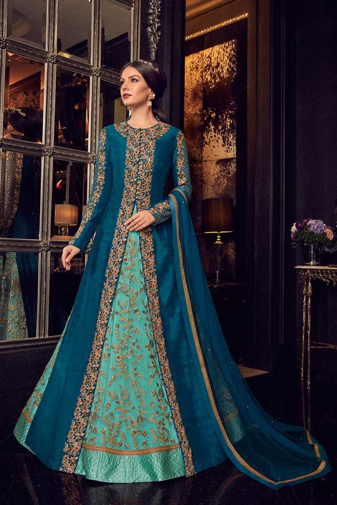 Gown Aqua Blue Jacket Blue color Gown Net Jacket Art Silk Anarkali Suit Online Designer Anarkali Suit with Blue Dupatta in India