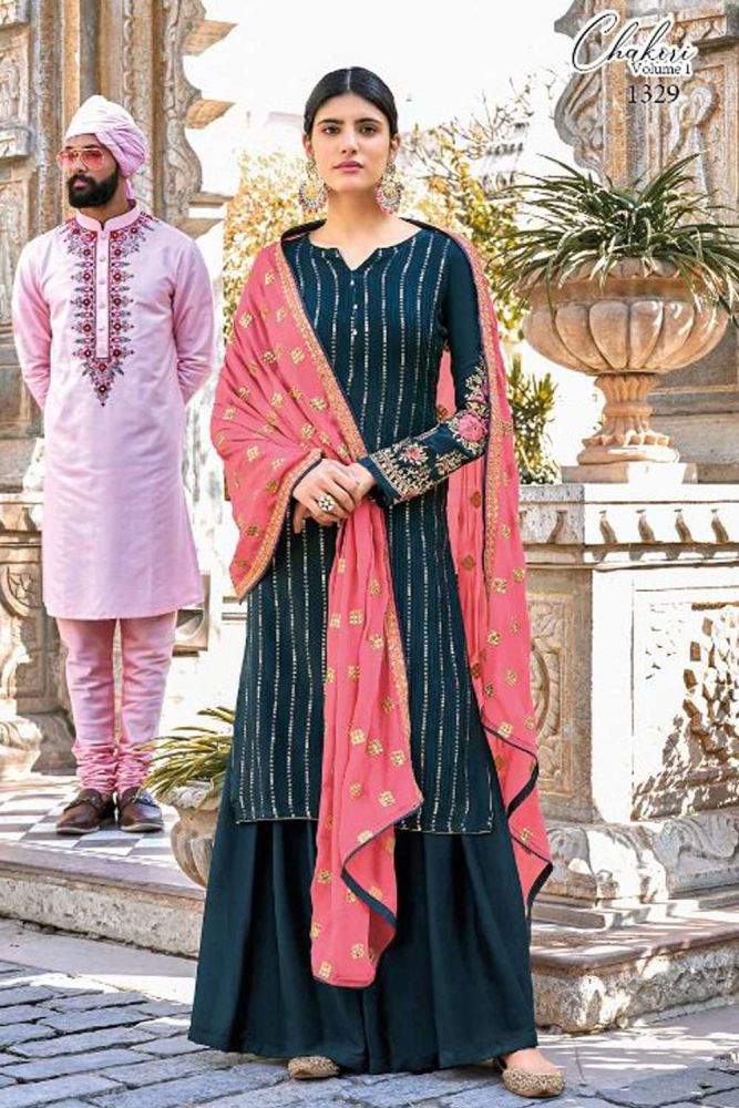 Designer Embroidery Work Digital Printed Georgette Sharara Suit in Green Online Designer Georgette Sharara Suit with Pink Dupatta SS0598 in USA