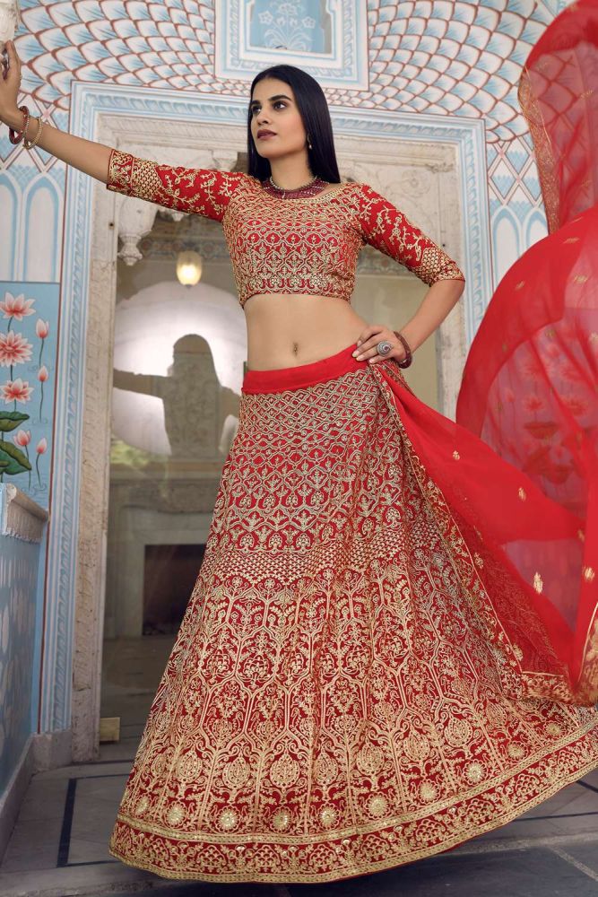 Heavy Designer Jari Embroidery Work Georgette Red Wedding Lehenga Choli Soft Net Dupatta Online Designer Organza Wedding Lehenga Choli with Cream Dupatta LC4425 in USA