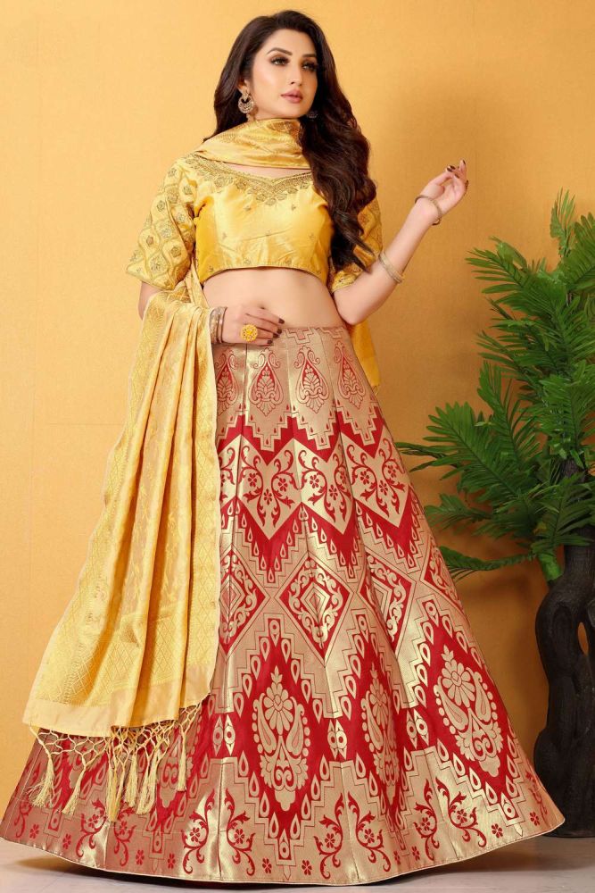 Red Lehenga Choli in Banarasi Silk with Wevon Designer Embroidery Sarvoski Work Online Designer Banarasi Silk Lehenga Choli with Mustard Dupatta LC4465 in USA